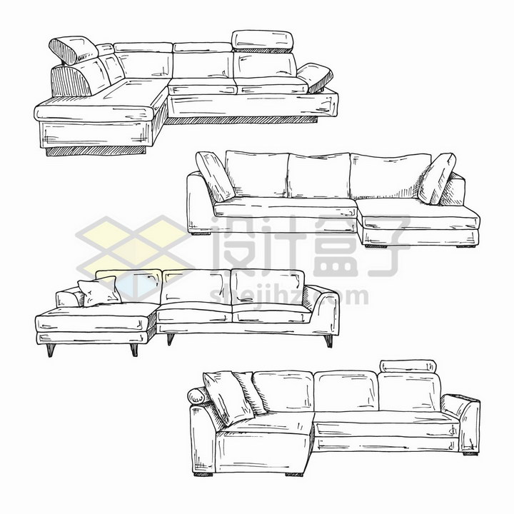 4款手绘素描风格客厅组合沙发png图片免抠矢量素材